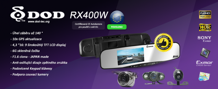 Kamera do auta ve zpětném zrcátku DOD RX400W